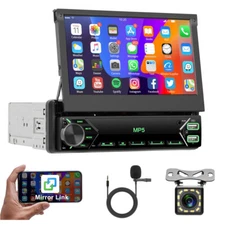 7" Single 1DIN Flip Car Stereo Bluetooth USB TF SD FM MP5 Mirror link + Camera