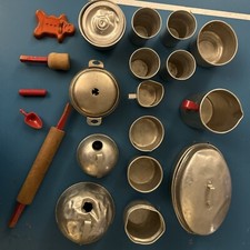 1950s Aluminum Toy Cooking Dish Set With Red Details