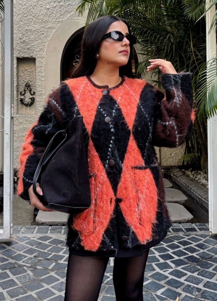 Zara Jacquard Knit Cardigan Jacket Orange Black Brown Size M