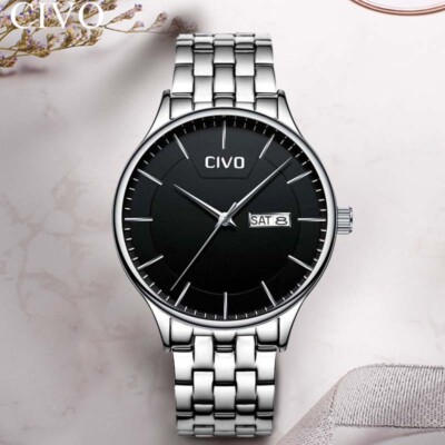 CIVO Mens Japan Quartz Movement Stainless Steel Wrist Watch English Spanish Day