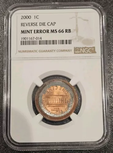 2000 1C NGC LINCOLN MEMORIAL CENT REVERSE DIE CAP US MINT ERROR MS66RB PENNY