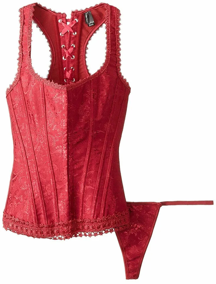CORSET RACERBACK BROCADE HOOK & EYE FRONT LACE UP BACK G STRING SET RED-image