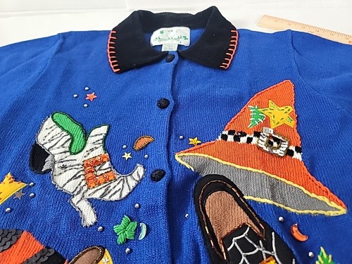 Quater Factory Cardigan Sweater L Blue Halloween Sequins Hats Shoes Moon Stars - Picture 11 of 12