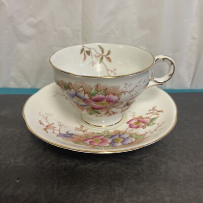 Vintage Adderley Bone China Teacup & Saucer Pink Purple Made In England