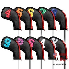 Golf Head Covers for Iron Headcover with Zipper Black Leather 10pcs multicolor