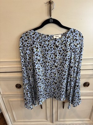 LAgence Silk Dylan Blouse Small Blue Leopard Animal Print Bell Sleeve Career