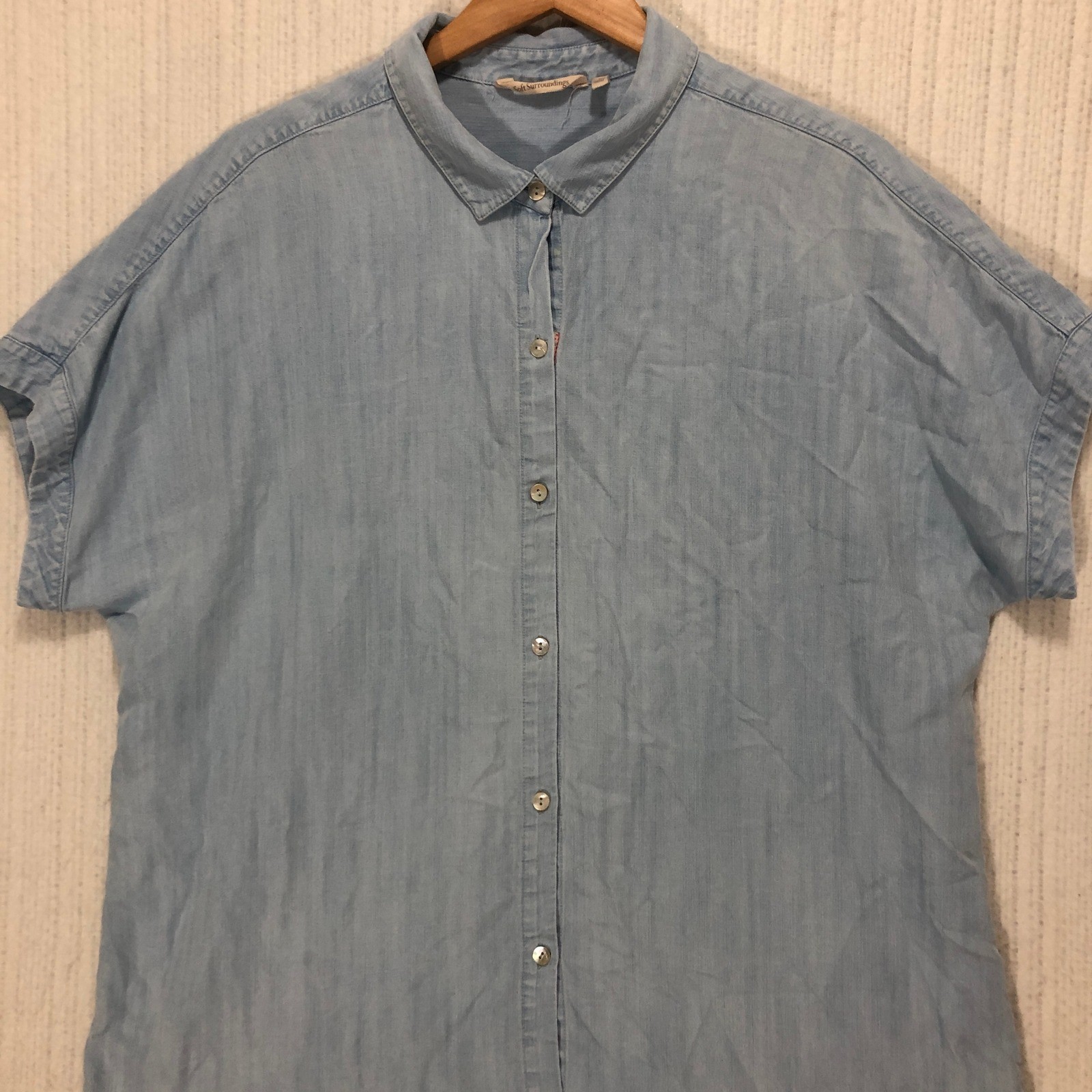 Soft Surroundings Light Wash Tencel Lyocell Short Sleeve Button Down Shirt L