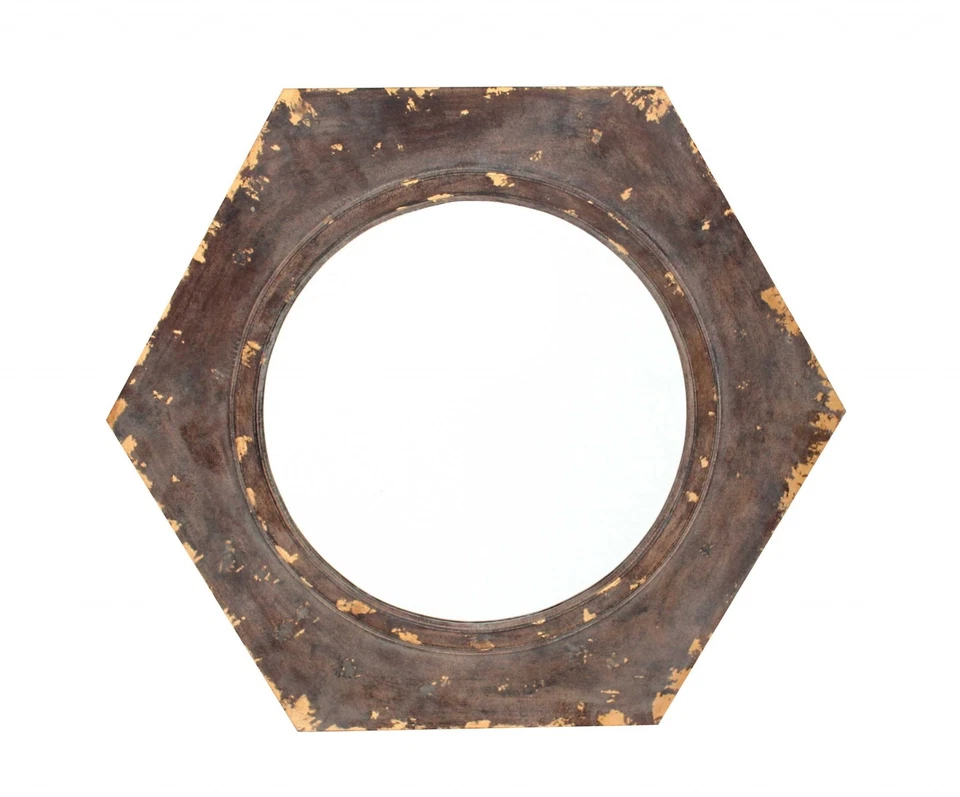 24" Bronze Hexagon Distressed Wood Framed Accent Mirror - Image 2 of 4