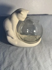 Vtg Haeger Pottery White Textured Cat Sculpture Figurine with Glass Fish Bowl