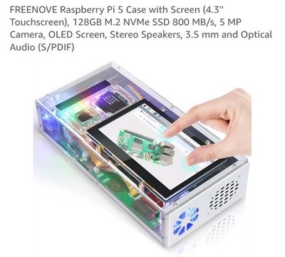 FREENOVE Raspberry Pi 5 Case with Screen (4.3'' Touchscreen), 128GB M.2 NVMe SSD