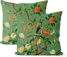 Green Chinoiserie Pillow Covers 18X18 Inch Set of 2 Vintage Green Flower Bird Th