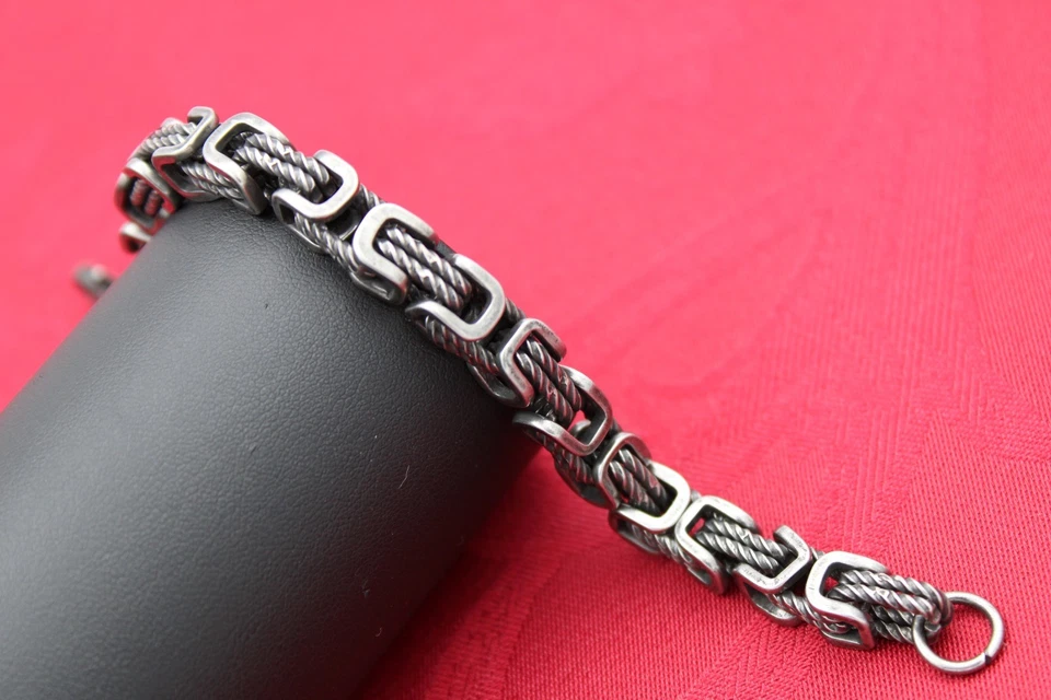 💪 Bracelet Homme Acier Inoxydable Argent Aspect Antique 21cm Vintage Chain B... - Photo 4/4