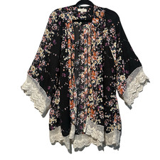 UMGEE Floral Cover-Up Boho Kimono Crochet Lace Hem Open Front Cardigan Size XL