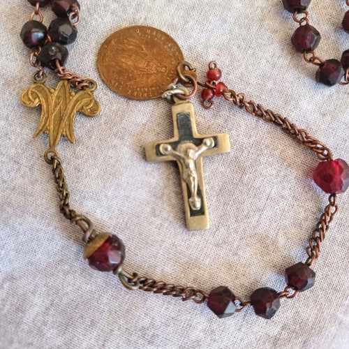 Vintage Granat Rosenkranz 20,5" Silber Schwarz Kreuz Maria 1830 Charm Kruzifix Religiös