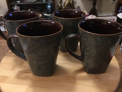 Set of (4) ~ Master Cuisine? Teal Blue turquoise Brown Stoneware Mugs / Cups