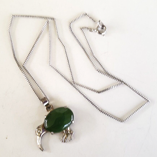 Vtg 925 Sterling Jade Kiwi Pendant NS Nakagawa Silver Tone Chain Necklace 18" - Picture 3 of 7