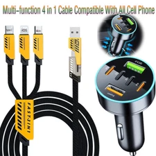 120W Fast Car Charger Type C, Multi-port 4 IN 1 Cable For Samsung iPhone Android