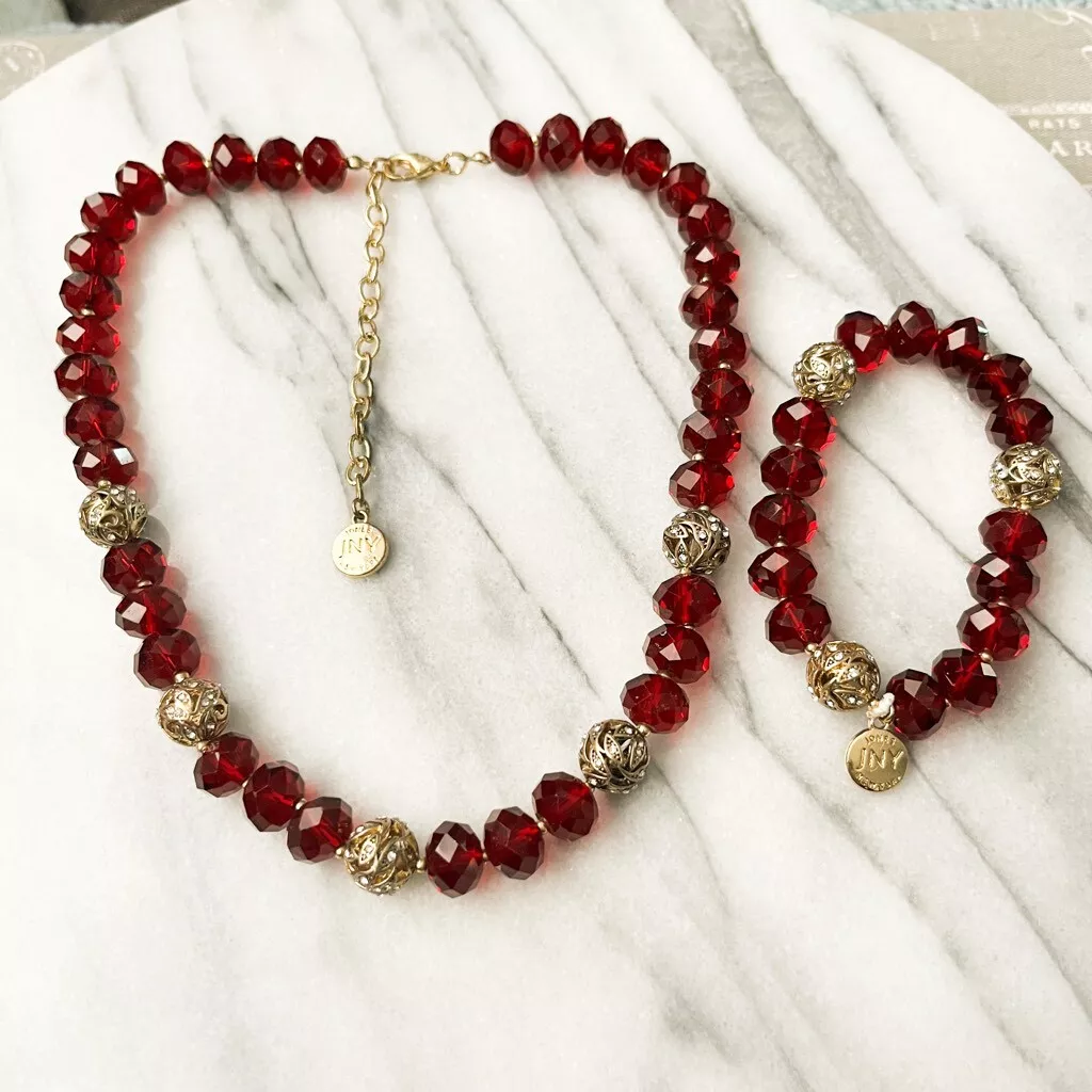 Jones New York Jewelry Set Necklace Bracelet Red Gold Beaded