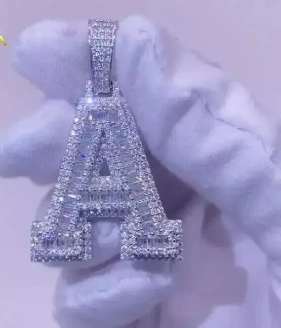 2 CT Baguette & Round Moissanite Custom Letter A Men’s Pendant in Sterling Silver