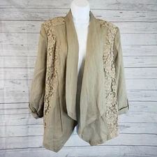 Chicos Womens Open Front Jackets Sz Large Brown Lace Panels Tabbed Sleeves