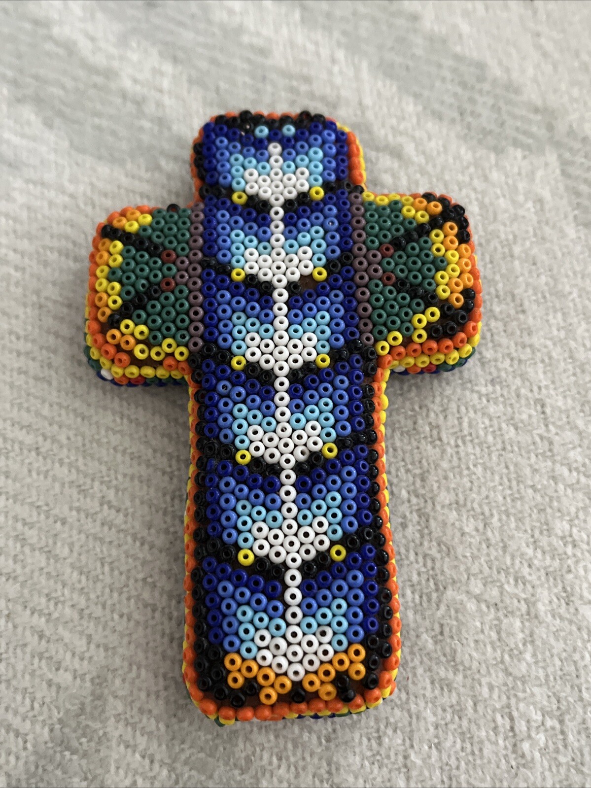 Vintage Mexico Hand Crafted  HUICHOL BEADED Folk ART CROSS 3.5” L READ INFO