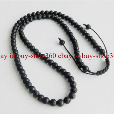 Pretty 6mm Black Volcanic Lava Stone Round Gemstone Adjustable Necklace 18''