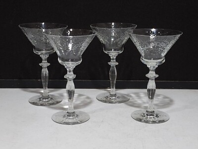 SET OF 4- Morgantown 7691-2 Floral & Dots Etched Clear 6.5  Champagne Glasses