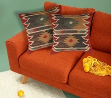 Set of 2 Handwoven Wool Jute Cushion Cover 18"x18" Boho Room Decorative Pillow