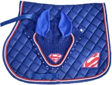 SUPERMAN ALL PURPOSE SADDLE PAD SET FLY VEIL HORSE EAR NET BONNET EQUESTRIAN