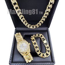 Hip Hop Iced Gold Plated Bling Metal Band WATCH Cuban Bracelet Necklace Set