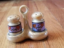 Vintage Blue Gold Lustreware & Red Flower Salt Pepper Shaker Set in Tray Japan