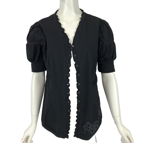 Gabriella Frattini Blouse Black Size 12 Puffy Short Sleeve Button Front Ruffle