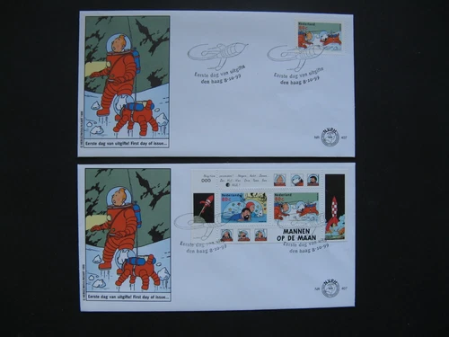 NETHERLANDS, 2x cover FDC 1999, Tin Tin Rocket to the Moon, comics dog