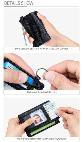 Slim Minimalist ID Credit Card Holder Leather Front Pocket Wallet with Keychain - Picture 9 of 29
