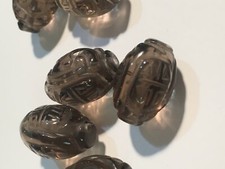 One Vintage Carved Chinese Bead Smoky Quartz Shou Asian Oval 17mm x 12mm