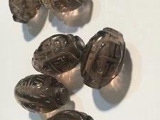 One Vintage Carved Chinese Bead Smoky Quartz Shou Asian Oval 17mm x 12mm