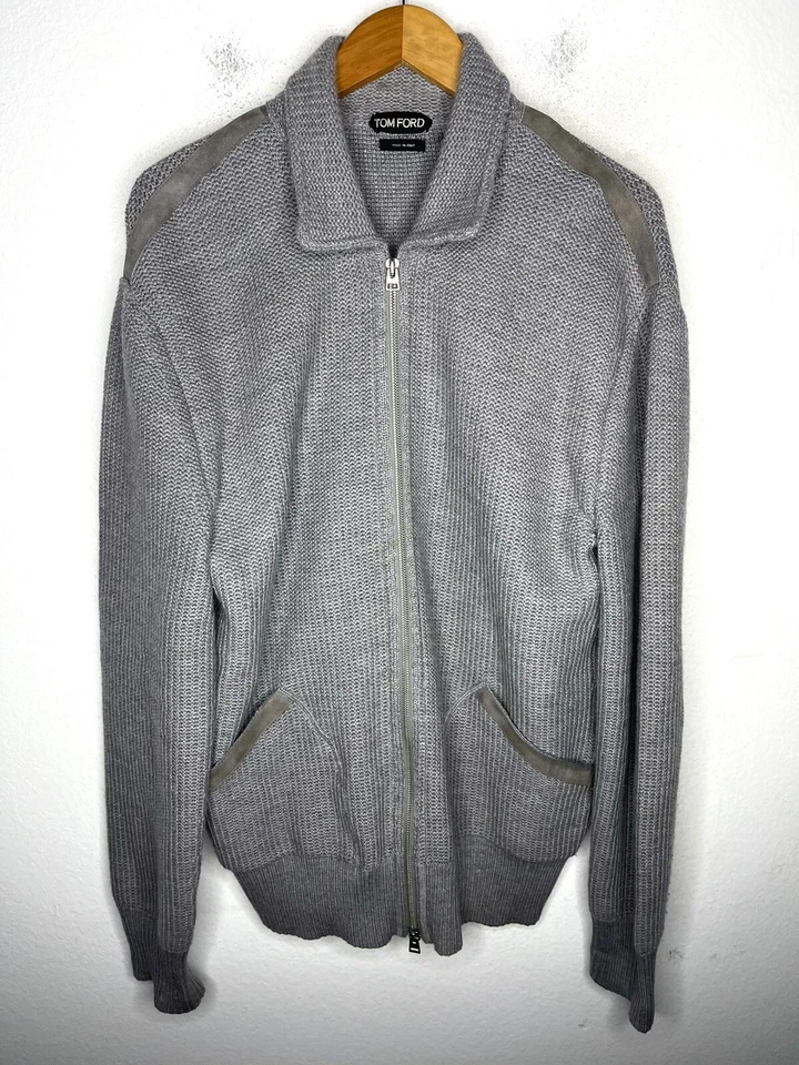 2850 Tom Ford 60 Grey Shawl Sweater Cardigan Ribbed Suede Trim Brady XXL G2U - Image 2 of 4