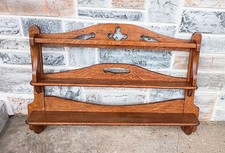 Large Antique Oak Arts & Cafts Scroll Cut Mission 2 Tier Wall Plate Display Rack