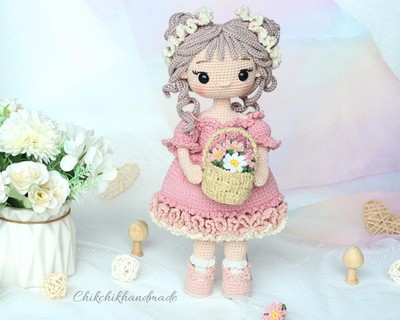Clara Carnation Crochet Doll, Handmade Amigurumi Flower Girl Doll