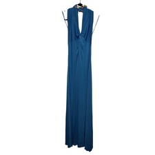 Zara Blue Halter Maxi Dress Gold Chain Detail Twist Front Side Slit Size M NEW