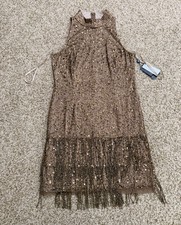Adrianna Papell Sequin Beaded Fringe Mini Dress Halter Sleeveless Size US 6