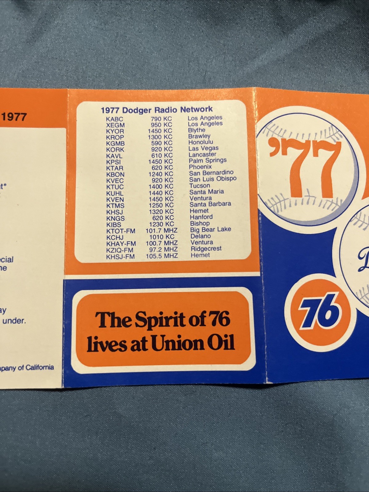 POCKET SCHEDULE MLB 1977 LOS ANGELES DODGERS UNION 76 “SPIRIT of 76”