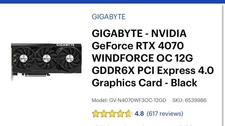 Gigabyte NVIDIA GeForce RTX 4070 WINDFORCE OC 12G GDDR6X PCI Express 4.0 Black