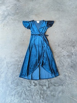 BHLDN Thrive Blue Velvet Flutter Sleeve Midi Wrap Dress size XS