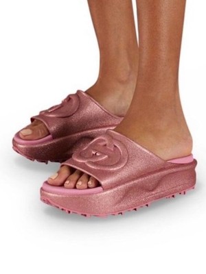 GUCCI WOMEN`S INTERLOCKING G SLIDES SANDALS PINK SHIMMER GLITTER 38