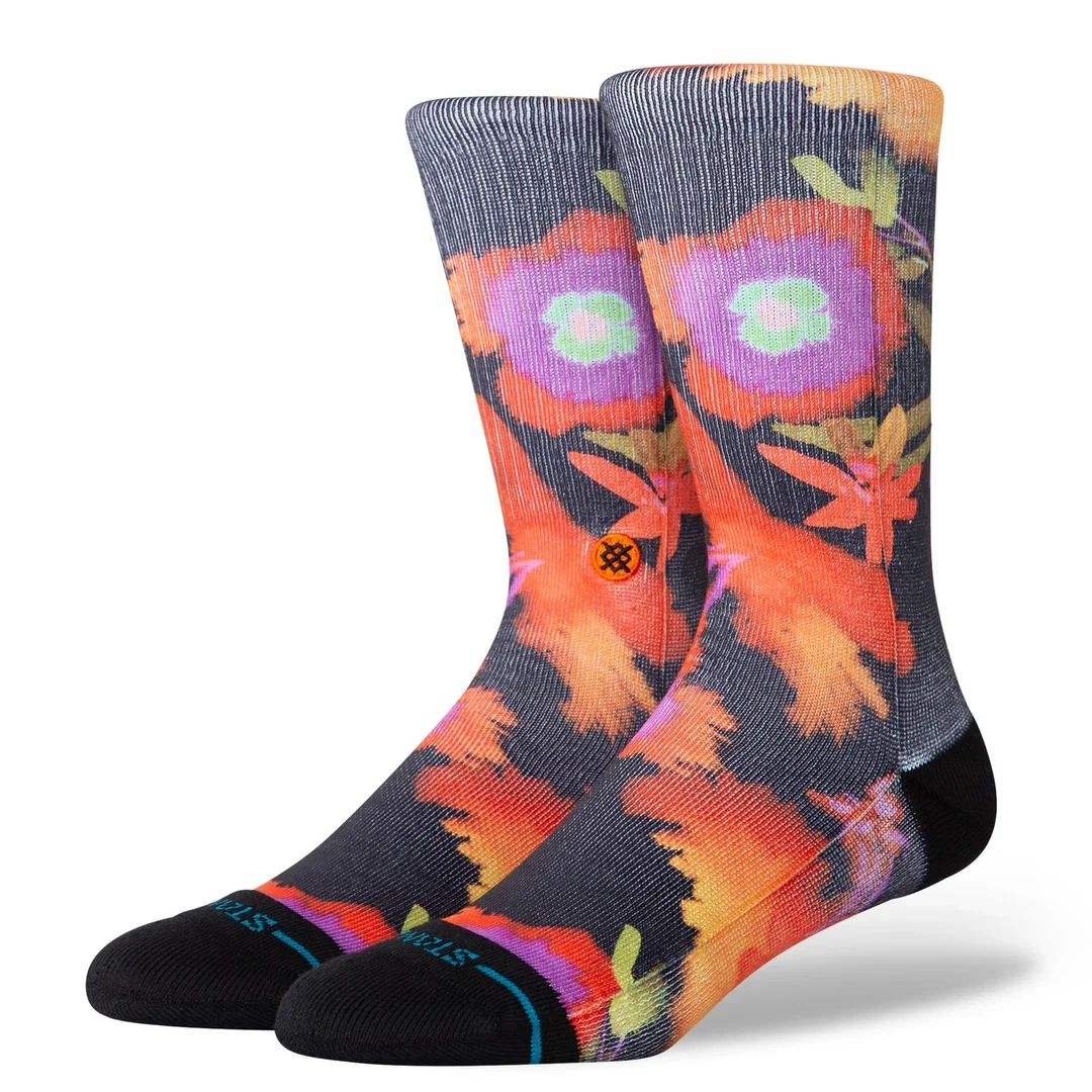 Stance Adult Black Crew Polyester Cushion Floral Watered Casual Socks Sz L 9-13