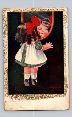 1907 Little Girl Looking in Mirror Postcard, Ullman Mfg Co, Davenport IA