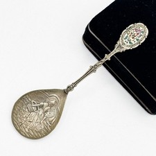 Vintage Holland Souvenir Spoon Enamel Floral Finial Dutch Girl Repousse Harvest