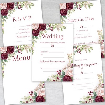 Burgunder Hochzeitseinladungen mit Umschlägen, Blumen Abendeinladungen, RSVP Karten