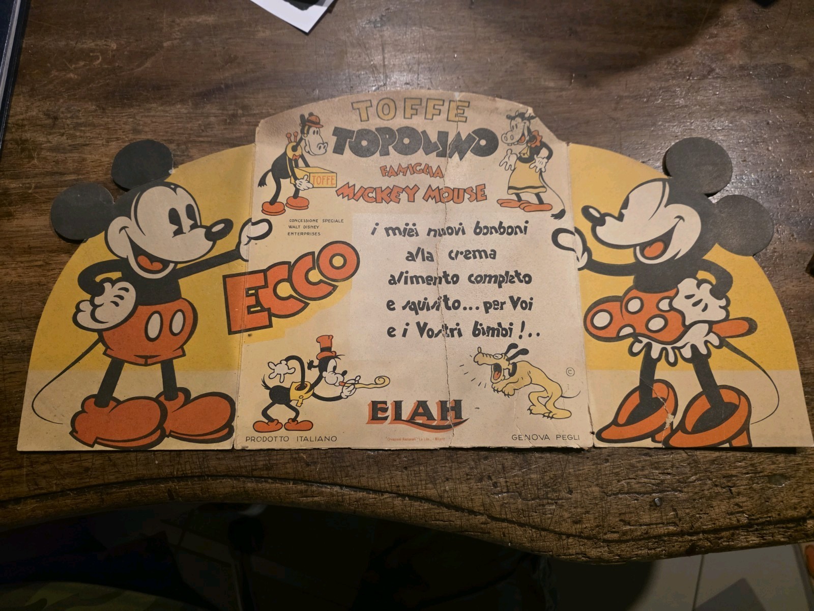 Cartone pubblicittarioSagomato Caramelle Toffe Elah 1940 Mickey Mouse italian